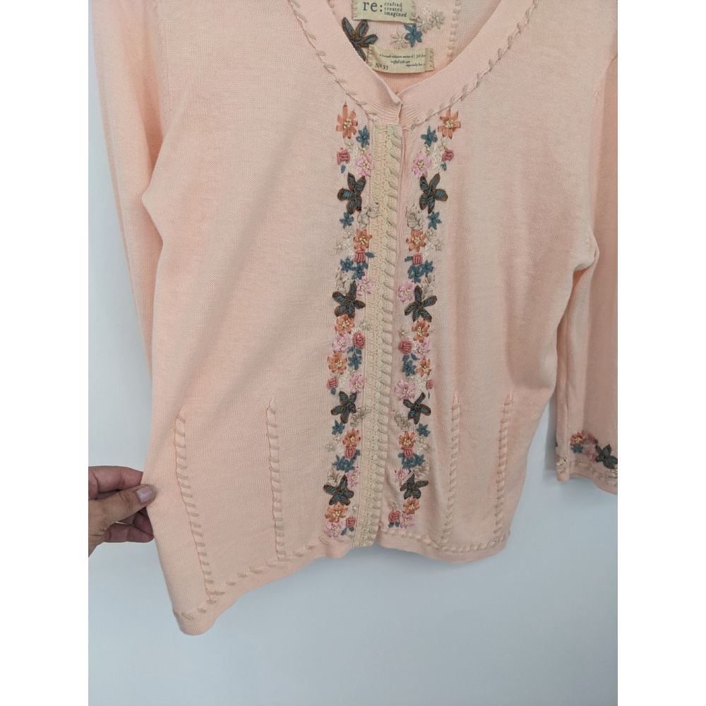 J Jill Sweater Womens Small Pink Floral Embroidered Linen Blend Cardigan Cottage - Picture 5 of 12